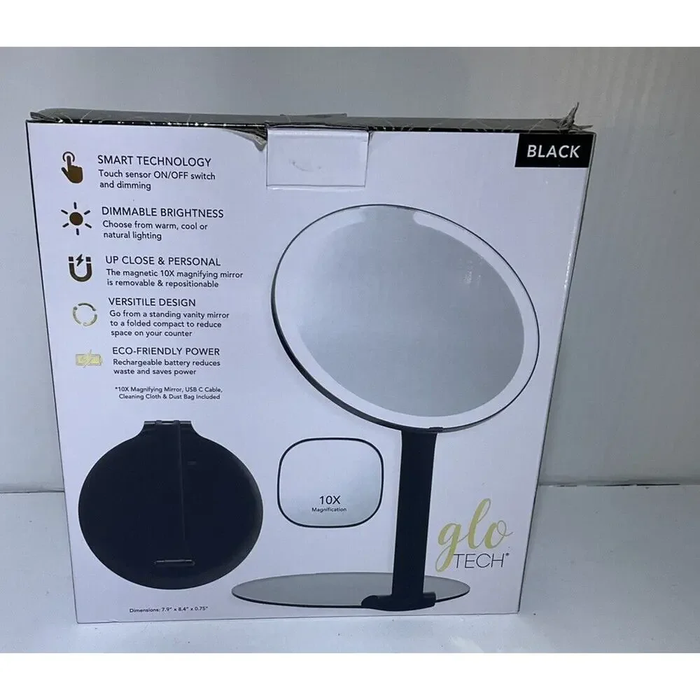 Glo Tech Foldable Travel LED Mirror Portable Black USB-C charging Open Box